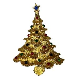 Gerrys Signed Vintage Pin brooch Christmas tree Brooch Gold tone Rhinestones 60s